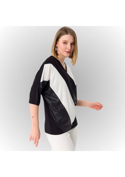 Kadın Siyah Beyaz Önü Blok Parça Desenli Deri Garnili Yarasa Kol Geniş Kesim Bluz fırsatları