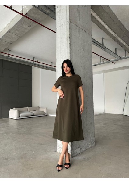 Kısa Kol Salaş Elbise Cepli Haki