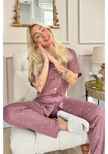 Koyu Pembe Mini Yıldız Desenli Bambu Önden Düğmeli Kısa Kol Pijama Takımı