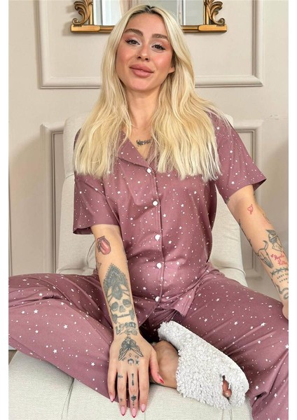 Koyu Pembe Mini Yıldız Desenli Bambu Önden Düğmeli Kısa Kol Pijama Takımı