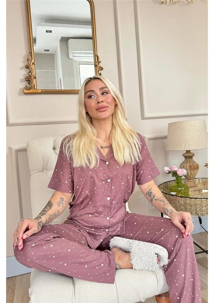 Koyu Pembe Mini Yıldız Desenli Bambu Önden Düğmeli Kısa Kol Pijama Takımı