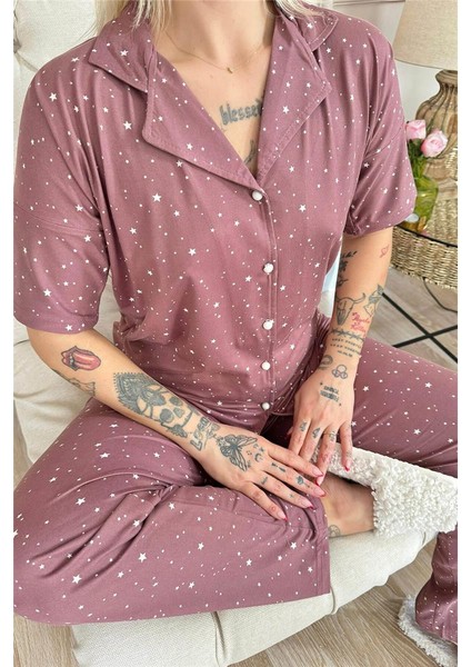 Koyu Pembe Mini Yıldız Desenli Bambu Önden Düğmeli Kısa Kol Pijama Takımı