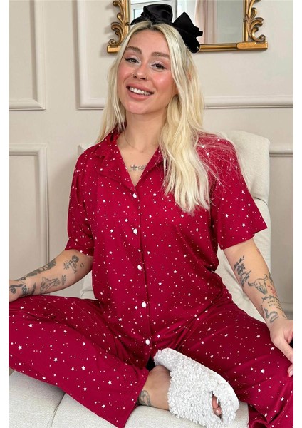 Bordo Mini Yıldız Desenli Bambu Önden Düğmeli Kısa Kol Pijama Takımı