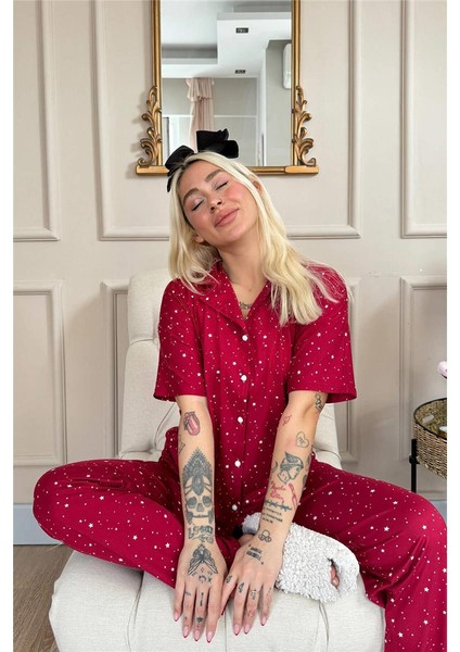 Bordo Mini Yıldız Desenli Bambu Önden Düğmeli Kısa Kol Pijama Takımı