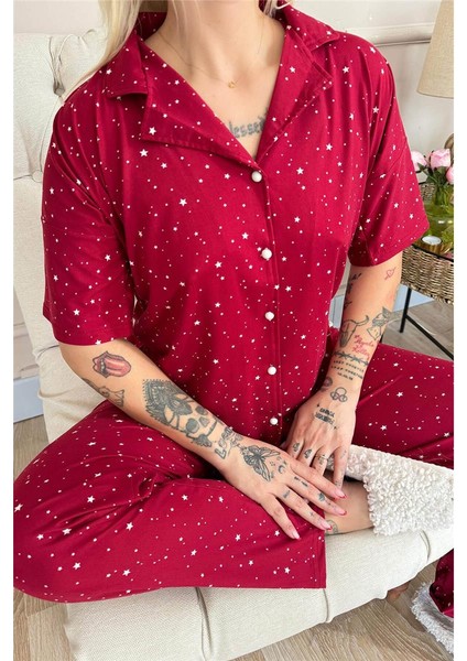 Bordo Mini Yıldız Desenli Bambu Önden Düğmeli Kısa Kol Pijama Takımı