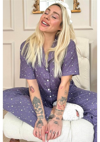 Lila Mini Yıldız Desenli Bambu Önden Düğmeli Kısa Kol Pijama Takımı