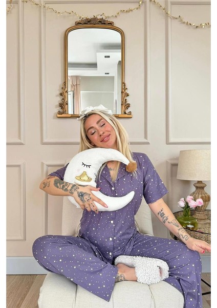 Lila Mini Yıldız Desenli Bambu Önden Düğmeli Kısa Kol Pijama Takımı modelleri