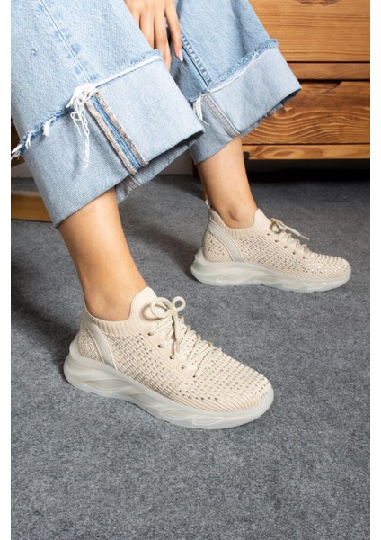 Harry Kadın Sneakers Triko Dokumalı Bağcıklı Taşlı Spor Ayakkabı Bej