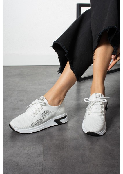 Luminita Kadın Sneakers Bağcıklı Triko Dokumalı Yandan Taşlı Spor Ayakkabı Beyaz