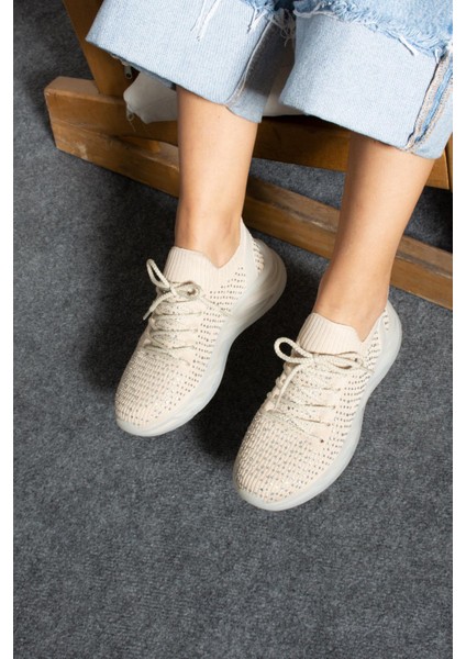 Harry Kadın Sneakers Triko Dokumalı Bağcıklı Taşlı Spor Ayakkabı Bej fiyatları