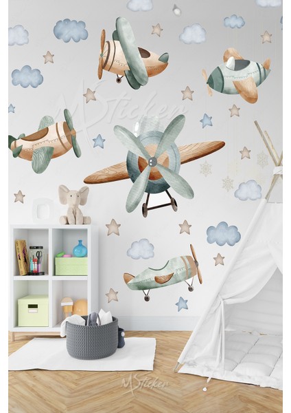 Pastel Tonlarda Planör Uçak Balon ve Bulutlar Yıldızlar Çocuk Bebek Odası Duvar Cam Dolap Sticker