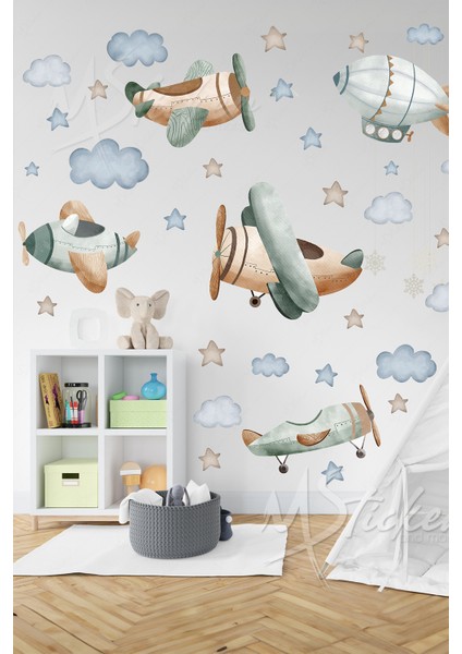 Pastel Tonlarda Planör Uçak Balon ve Bulutlar Yıldızlar Çocuk Bebek Odası Duvar Cam Dolap Sticker fiyatları