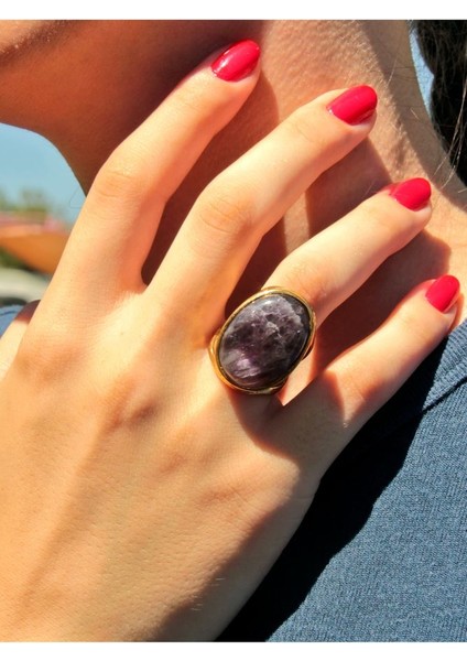 Oval Ametist Doğal Taş Ayarlanabilir Kadın Doğal Taş Yüzük EUY13AT