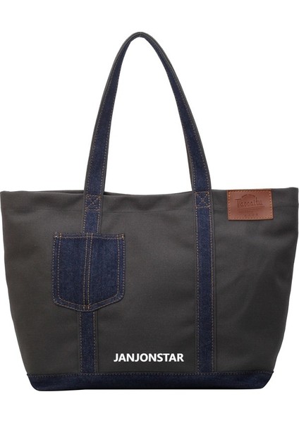 Dikişli Denim Kanvas Omuz Çantası Kadın Büyük Kapasiteli Tote Çanta Öğrenci Çantası Moda Banliyö Çantası (Yurt Dışından)