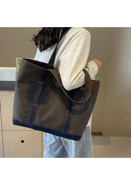 Dikişli Denim Kanvas Omuz Çantası Kadın Büyük Kapasiteli Tote Çanta Öğrenci Çantası Moda Banliyö Çantası (Yurt Dışından)