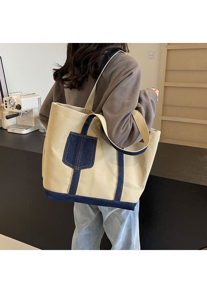 Dikişli Denim Kanvas Omuz Çantası Kadın Büyük Kapasiteli Tote Çanta Öğrenci Çantası Moda Banliyö Çantası (Yurt Dışından)