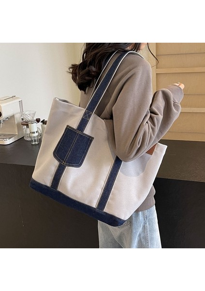 Dikişli Denim Kanvas Omuz Çantası Kadın Büyük Kapasiteli Tote Çanta Öğrenci Çantası Moda Banliyö Çantası (Yurt Dışından)