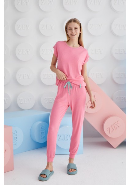 Kız Garson Kısa Kol Pembe Pijama Takım C1T8N68