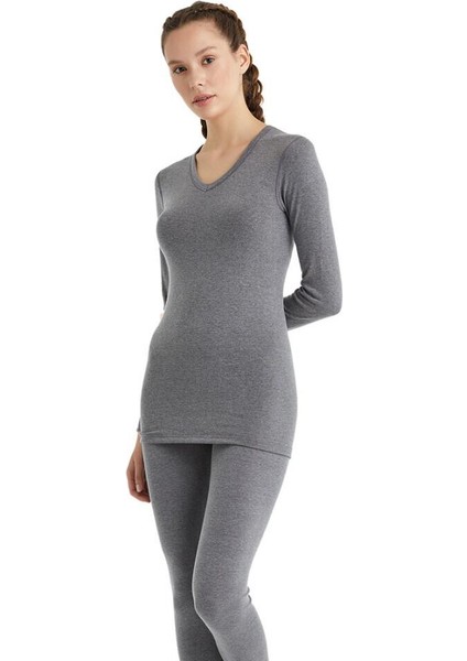 V Yaka Gri Unisex Uzun Kol Thermal İçlik C7T5N2O1