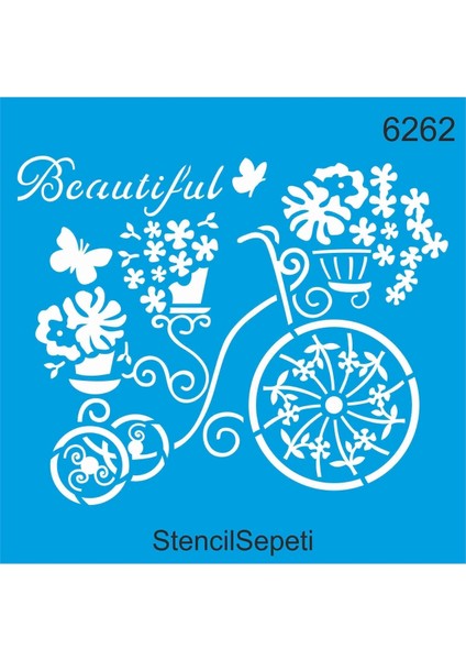 Bisiklet ve Çiçekler Desen - Stencil Boyama Şablonu 20X20CM