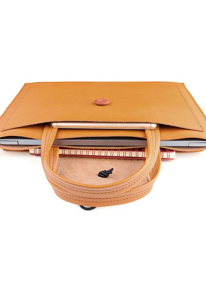 14 Inç Laptop Çantası Ahşap Tokalı Pu Deri Dizüstü Taşıma Çantası-Lacivert (Yurt Dışından)