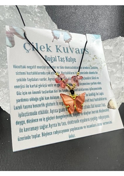 Sertifikalı Orijinal Çilek Kuvars & Sedef Doğal Taş Kolye Kelebek Detaylı Asansörlü Kilit Sistemi modelleri