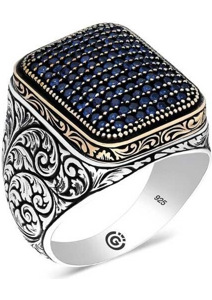 Gümüş Lacivert Zirkon Taşlı Kare Erkek Yüzük