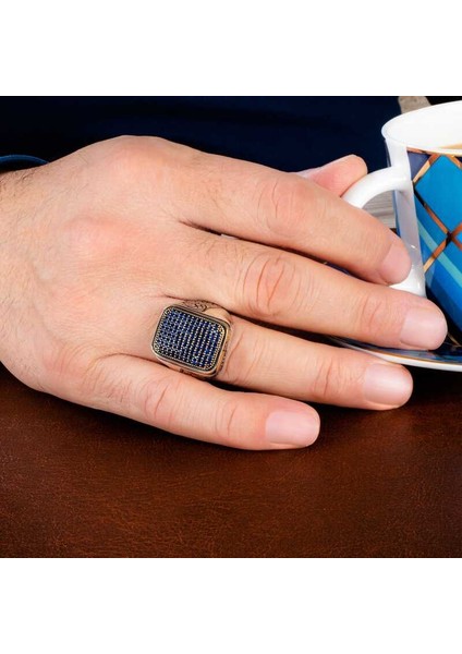 Gümüş Lacivert Zirkon Taşlı Kare Erkek Yüzük fiyatları