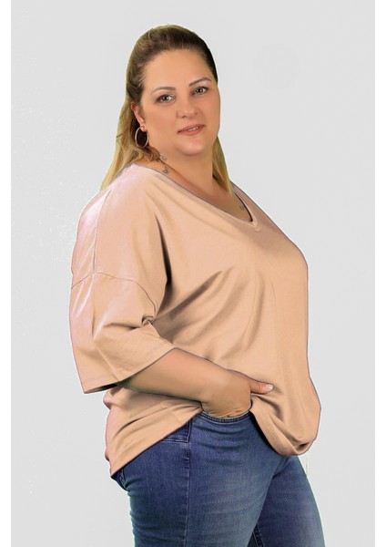 Büyük Beden Kadın V Yaka Süprem T-Shirt fiyatları