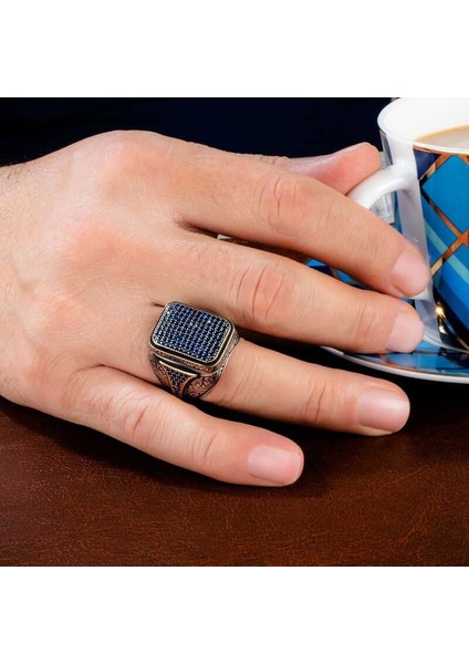Gümüş Lacivert Zirkon Taşlı Kare Erkek Yüzük fiyatları