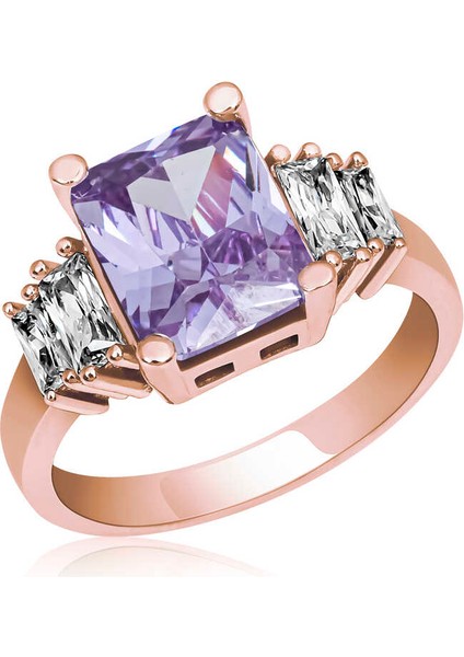 Gümüş Lila Baget Taşlı Rose Bayan Yüzük