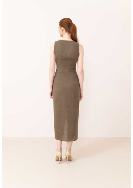 Midi Keten Elbise Haki Y2411026_023 fırsatları