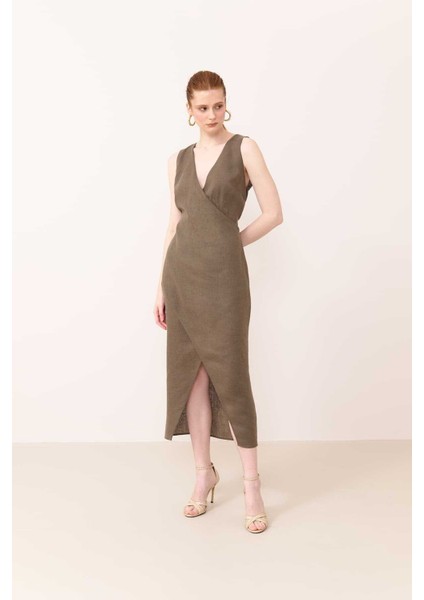 Midi Keten Elbise Haki Y2411026_023