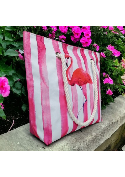 Pembe Çizgili Flamingo Kadın Plaj Çantası modelleri