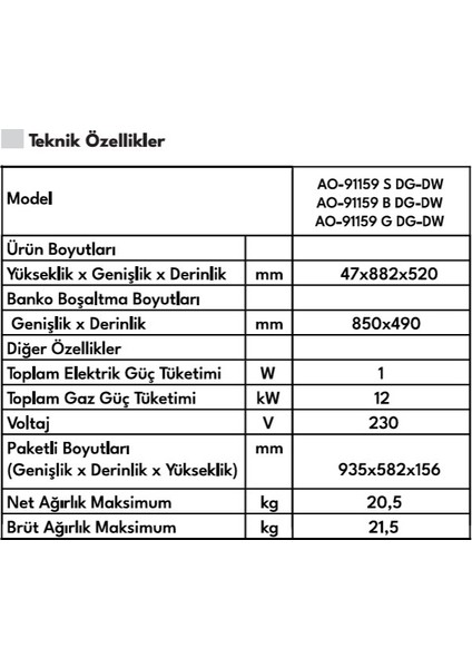 AO-91159 S Dg-W 90 cm 5 Gözü Gazlı (1 Gözü Wok'lu) Ankastre Ocak