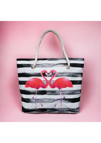 Siyah Çizgili Flamingo Kadın Plaj Çantası