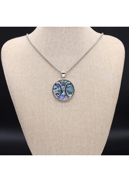 60CM Tarzı Balık Burcu Doğal Abalone Kabuk Alaşım Kakma Yuvarlak 12 Takımyıldızları Kolye Metal Zincir Kolye Reiki Şifa Büyüleyici Takı Hediye (Yurt Dışından)