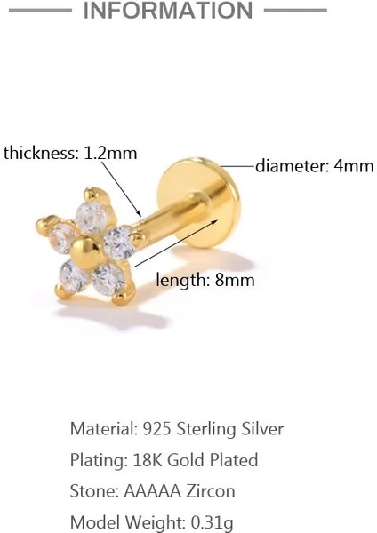 No.2 Boyutu Aide Terling Gümüş Zirkon Yıldız Çiçek Tragus Helix Piercing Küpe Kadın Labret Dudak Yüzük Kıkırdak Damızlık Punk Takı 1 Pc (Yurt Dışından)