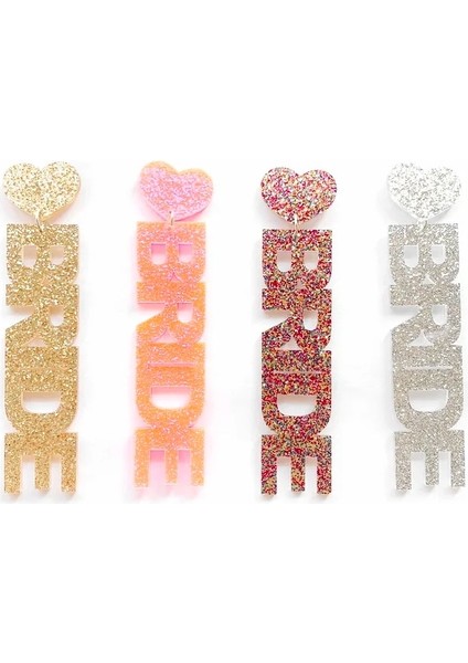 Beyaz Trendy Pembe Gümüş Şampanya ve Renkli Glitter Kelimeler Gelin ve Beyaz Gelin Mektupları Akrilik Kalp Saplama Küpe Kadınlar Için (Yurt Dışından) fiyatları