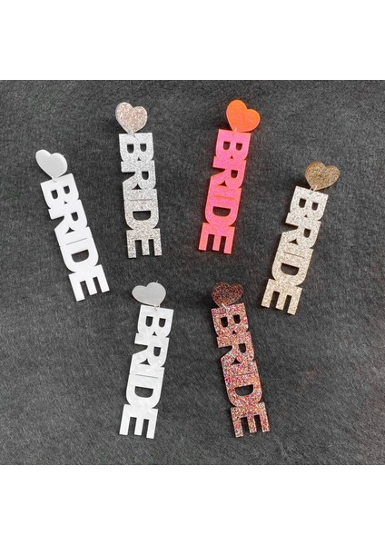 Beyaz Trendy Pembe Gümüş Şampanya ve Renkli Glitter Kelimeler Gelin ve Beyaz Gelin Mektupları Akrilik Kalp Saplama Küpe Kadınlar Için (Yurt Dışından) modelleri