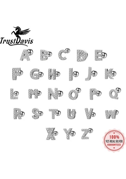 F Trustdavis Gerçek Terling Gümüş 26 Mektup Cz Vida Boncuk Saplama Küpe Kadın Çocuk Bebek Minimalist Takı DB1430 (Yurt Dışından)