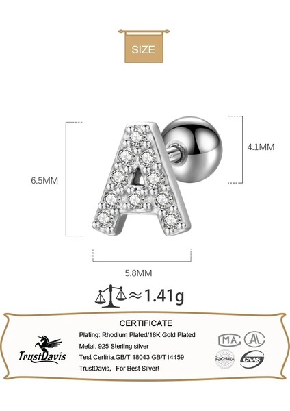 F Trustdavis Gerçek Terling Gümüş 26 Mektup Cz Vida Boncuk Saplama Küpe Kadın Çocuk Bebek Minimalist Takı DB1430 (Yurt Dışından)