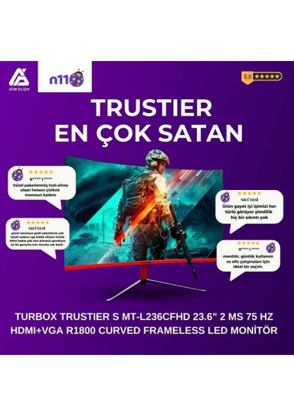 Trustier S Mt-L236CFHD 75Hz 2ms Vga Hdmi 1920x1080 23.6 inç R1800 Curved Frameless Monitör