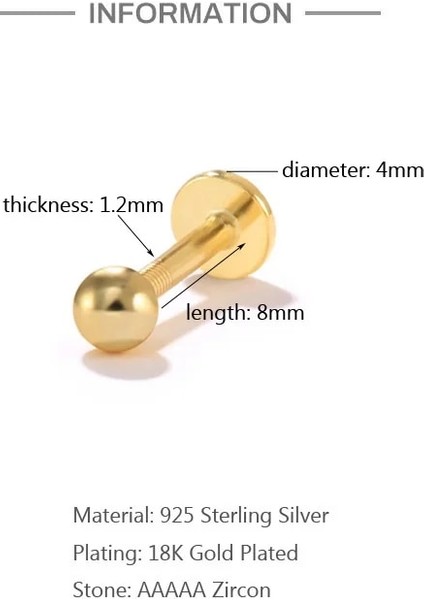 No.11 Boyutu Aide Terling Gümüş Labret Dudak Yüzük Zirkon Kulak Çıtçıt Küpe Kadınlar Için Küreler Tragus Kıkırdak Piercing Punk Takı (Yurt Dışından)