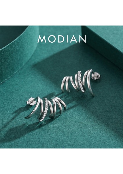 Modıan Gerçek Gümüş Geometrik Çizgi Küpe Kakma Parlak Zirkonya ile Moda Dalga Saplama Küpe Takı Hediye (Yurt Dışından)
