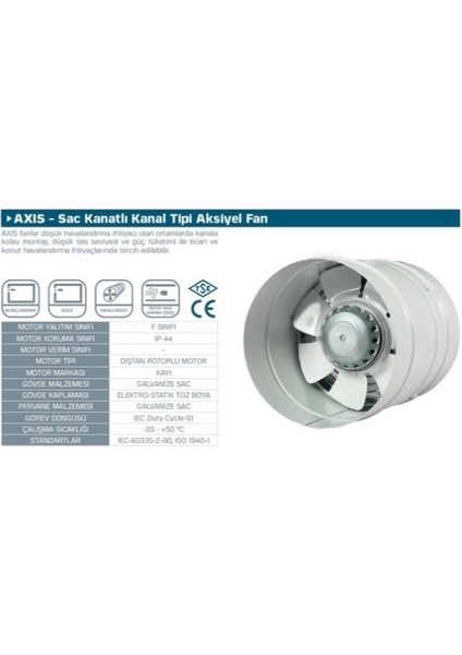 Axıs 200 Yuvarlak Kanal Tipi Aksiyel Metal Fan 680M³/H