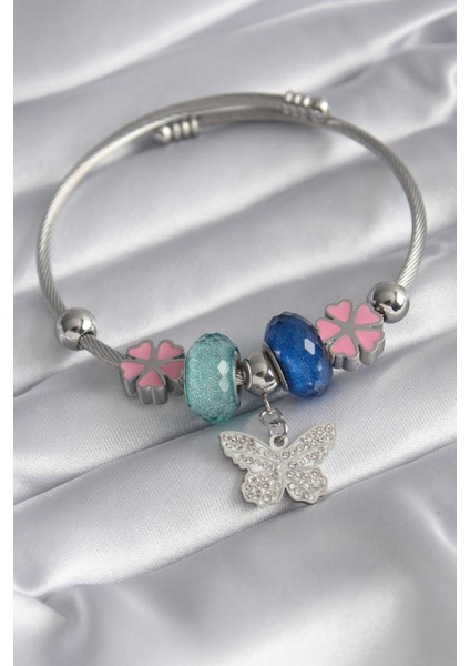 E-Bijuteri Çelik Gümüş Renk Kristal Taşlı Zirkon Taşlı Kelebek Figür Charm Model Kadın Bileklik