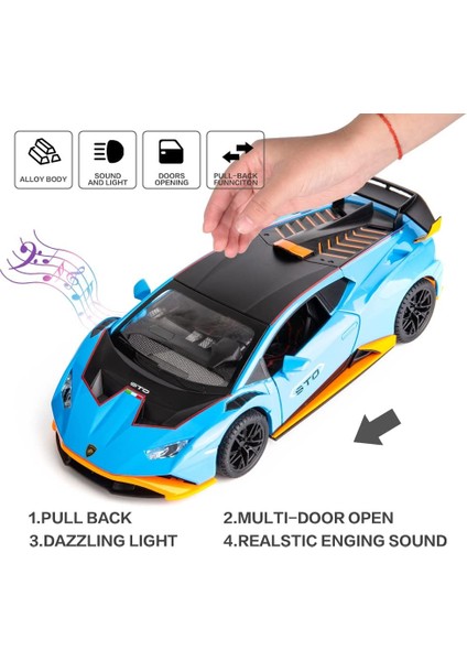 Model Araba 1/24 Ölçekli Lamborghini Huracan Sto Için Uyumlu Döküm Oyuncak Araç Işık ve Ses ile Geri Çekin Oyuncak Araba Kapısı Açık Olabilir (Mavi) (Yurt Dışından)