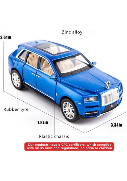 1/24 Ölçekli Rolls-Royce Cullinan Suv Model Araba Oyuncak, Çinko Alaşım Geri Çekin Döküm Oyuncak Arabalar Çocuklar Için Ses ve Işık ile Erkek Kız Hediye (Mavi) (Yurt Dışından)