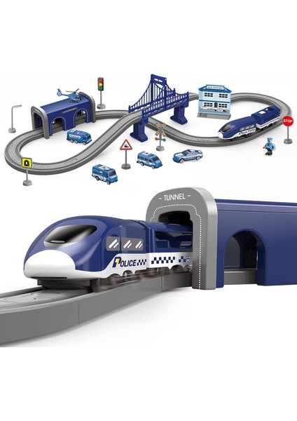 4-7 Erkek Çocuk Tren Setleri, 66 Parça Pilli Raylı Tren Seti(Manyetik Bağlantılı), Thomas, Brio, Chuggington, Melissa ve Doug ile Uyumlu, 3 4 5 6 Yaş Çocuklara Hediye (Polis) (Yurt Dışından)